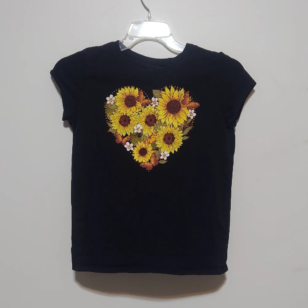 The Children's Place Girls XXL Black Tee with Sunflower Heart Graphic